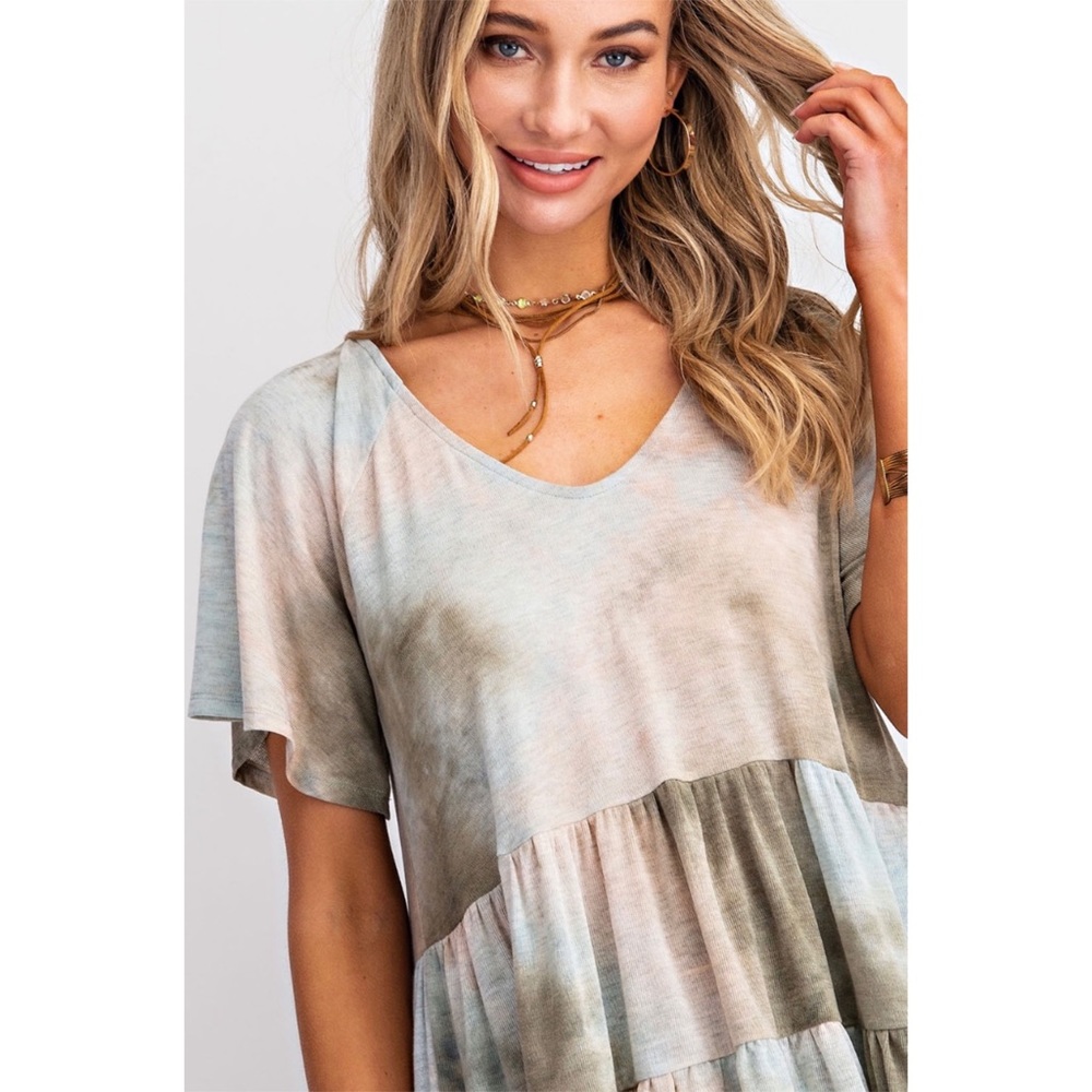 SOLD OUT Olive Tie Dye Boho Tiered Ruffle Babydoll Top - Picture 4 of 8